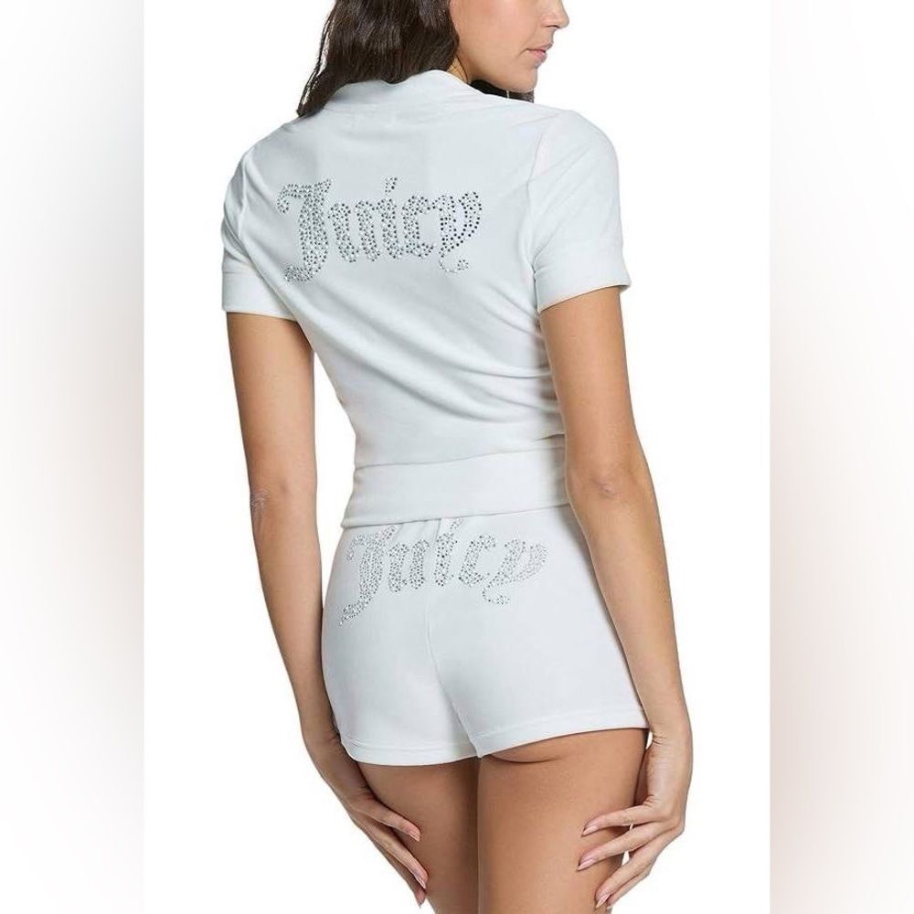 NWT Juicy Couture Short Sleeve Zip Up With Back Pearl Juicy Logo in White